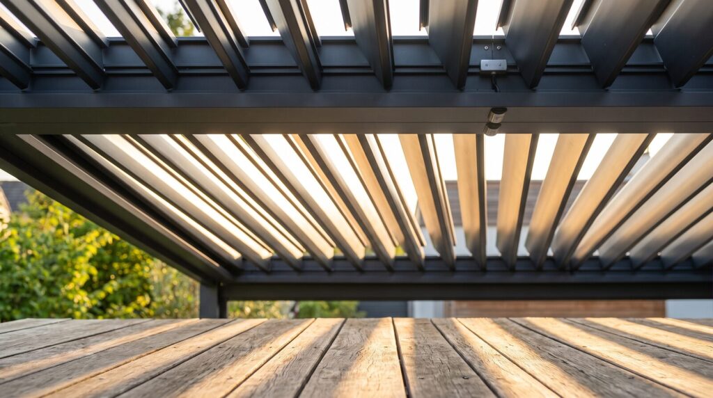 Bioklimatická pergola s natáčacími hliníkovými lamelami nad drevenou terasou