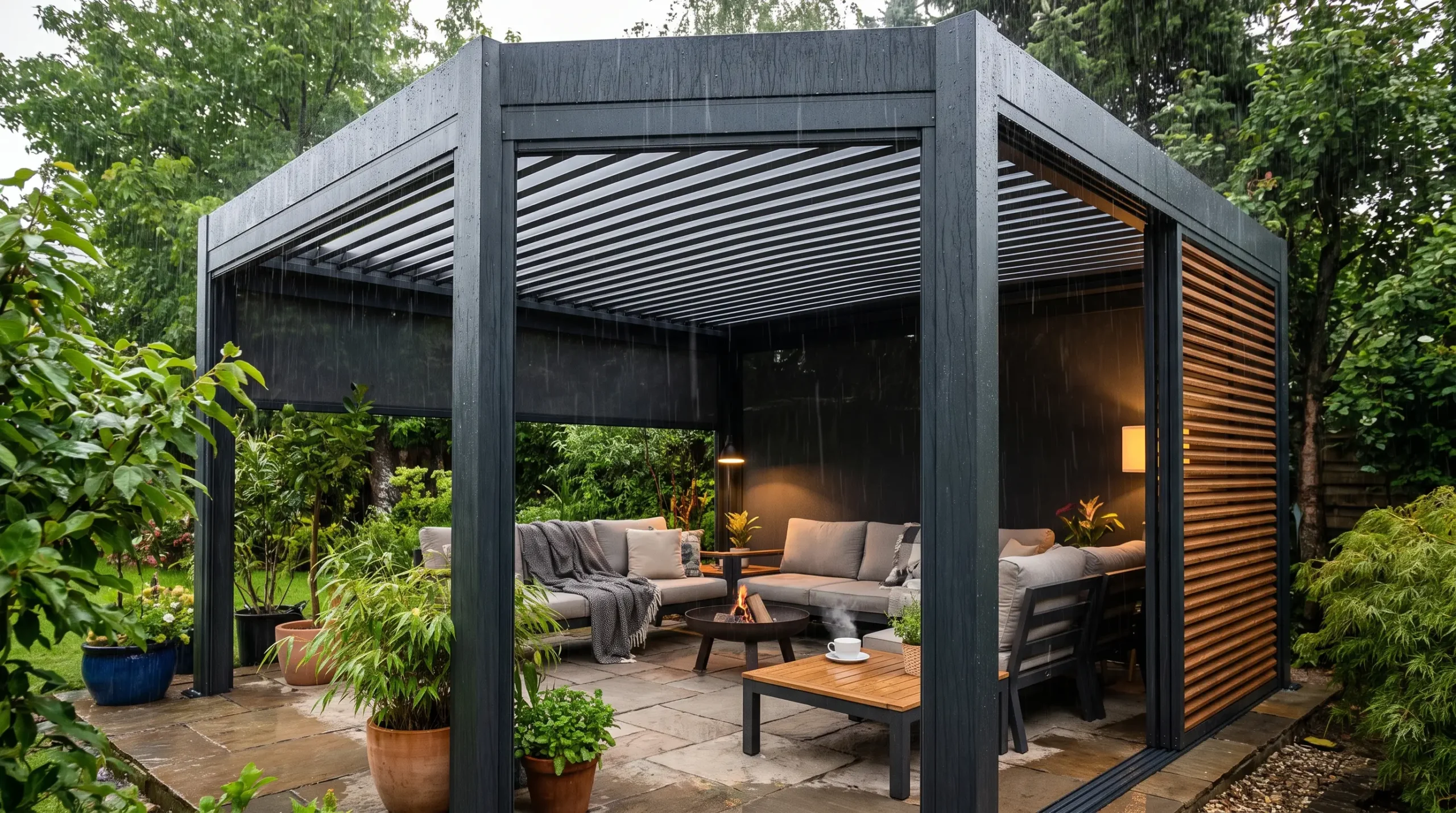 A pergola protecting against rain with a closed roof