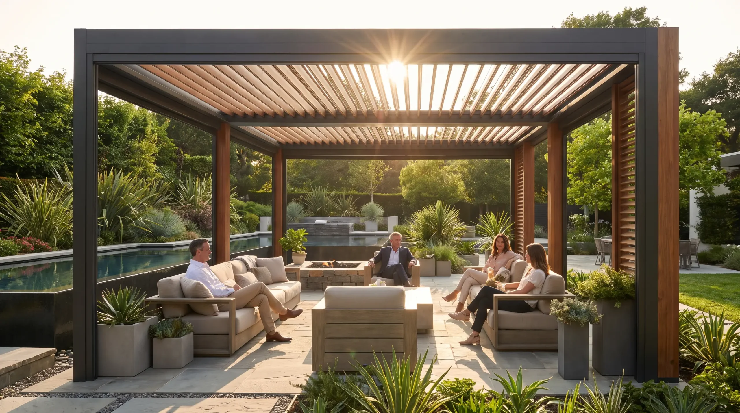 Bioclimatic pergola with an open louvered roof