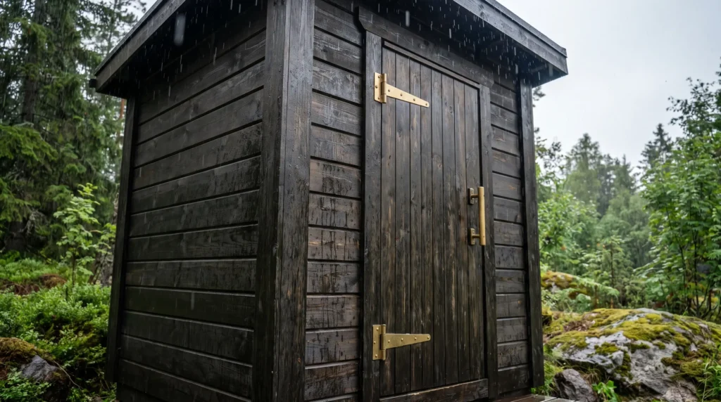 Drevená sauna v daždi, voda steká po streche a plášti mimo konštrukcie a podkladu