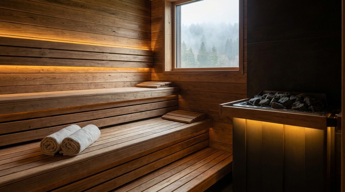 Interior of a LUXURELAX Finnish sauna with cedar benches and an electric heater