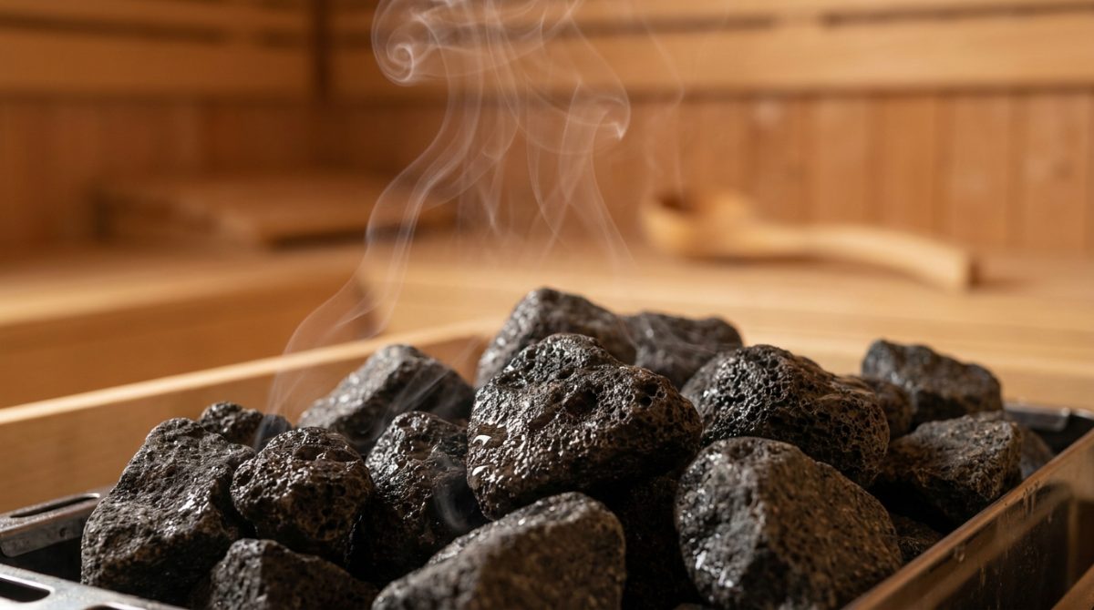 Close-up of LUXURELAX sauna heater volcanic stones with steam