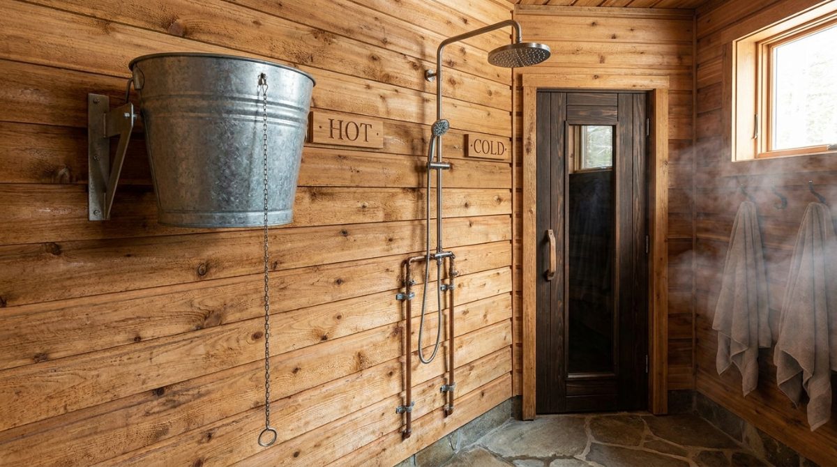 Cold water and contrast therapy alongside a LUXURELAX sauna — recovery setup