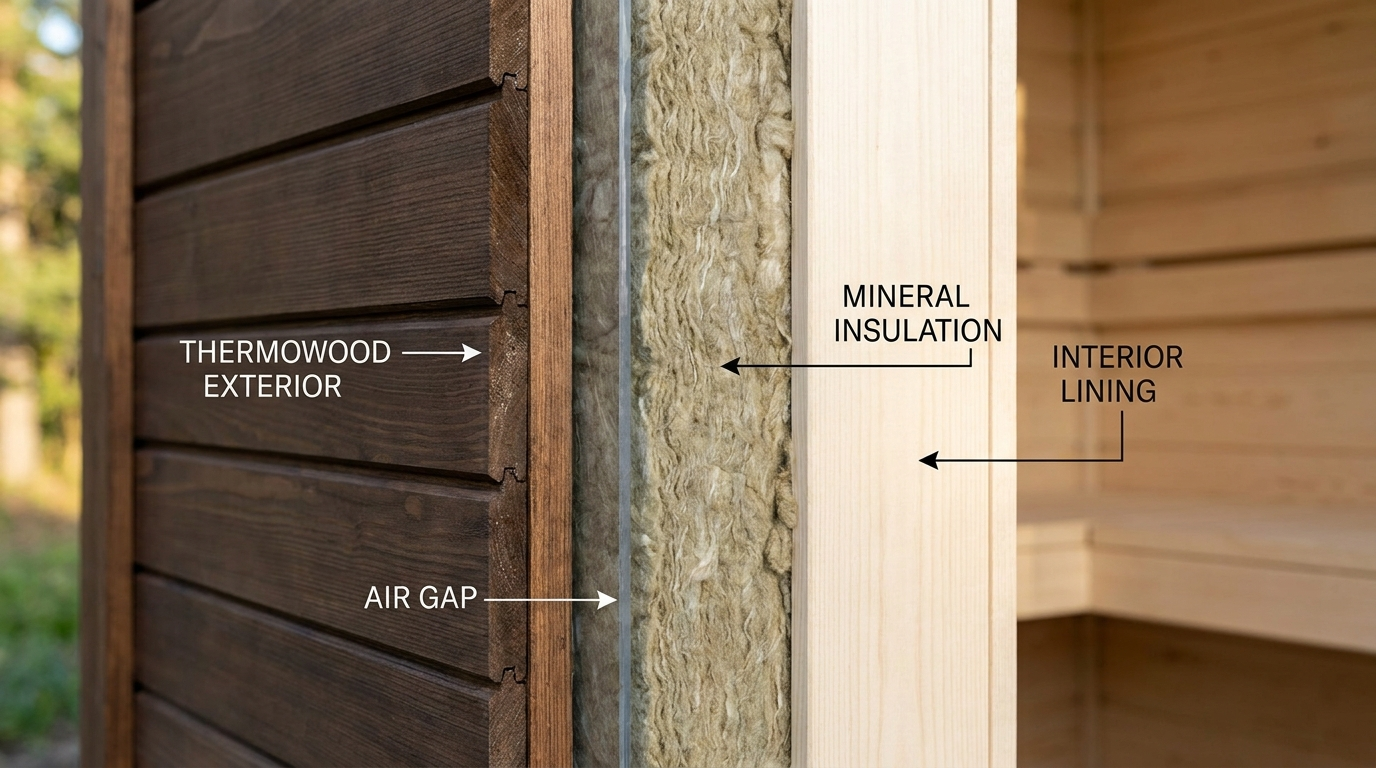Kültéri szauna falszerkezetének közelképe — látható thermowood rétegek, légrés, ásványi szigetelés