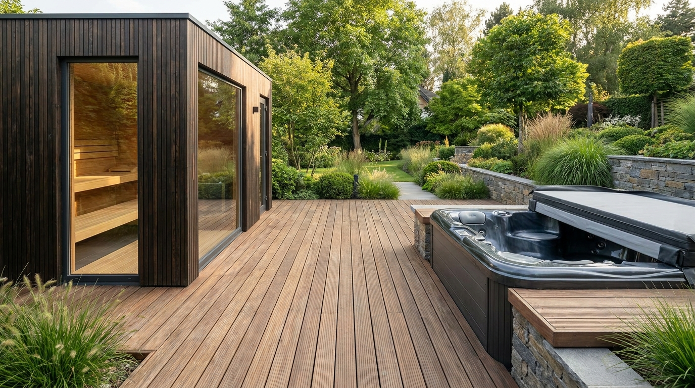 Kerti látkép: bal oldalon thermowood szauna, jobb oldalon prémium pezsgőfürdő, közöttük fa terasz