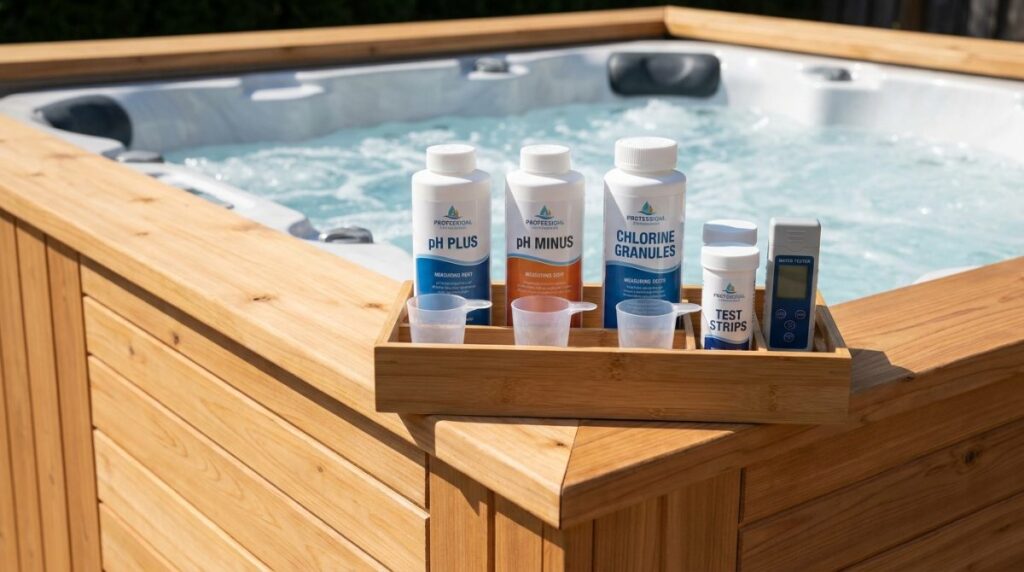 Chemická sada na údržbu vody vírivky LUXURELAX — chlór, pH a algicíd