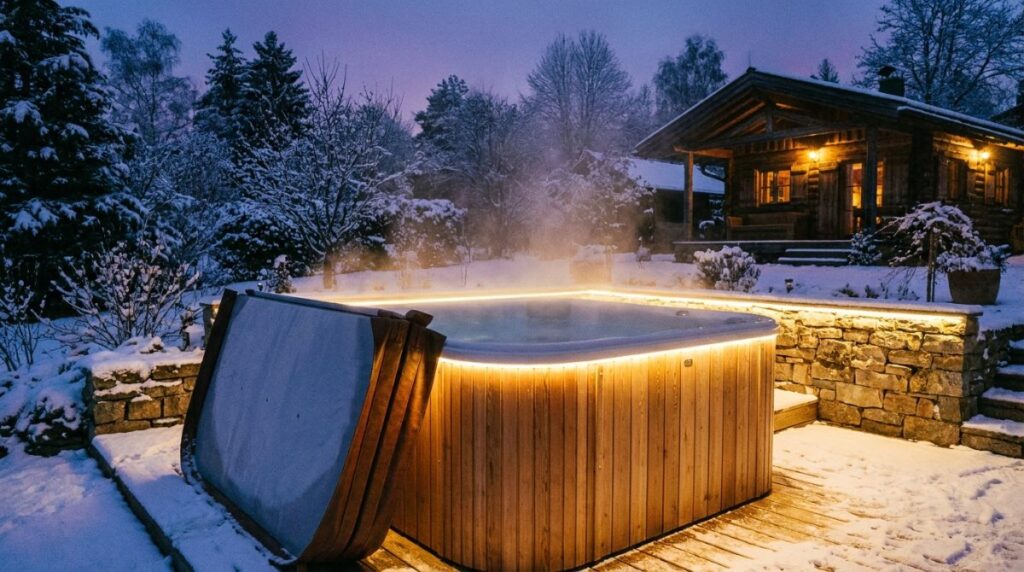Exteriérová vírivka LUXURELAX osvetlená v podvečernom svetle