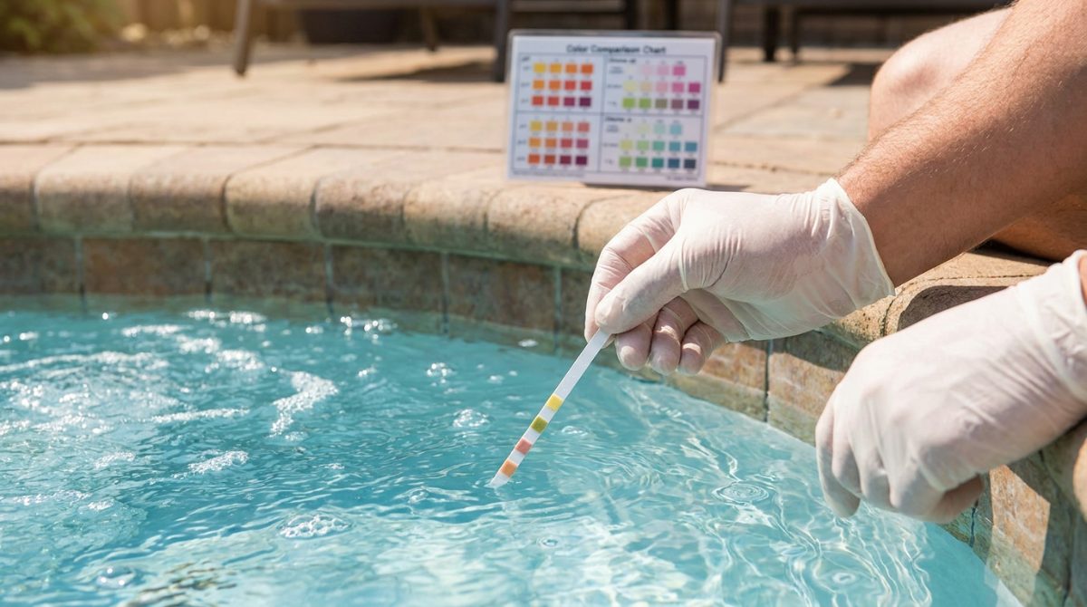 A LUXURELAX pezsgőfürdő vizének pH-tesztelése tesztcsíkkal — vízminőség-ellenőrzés