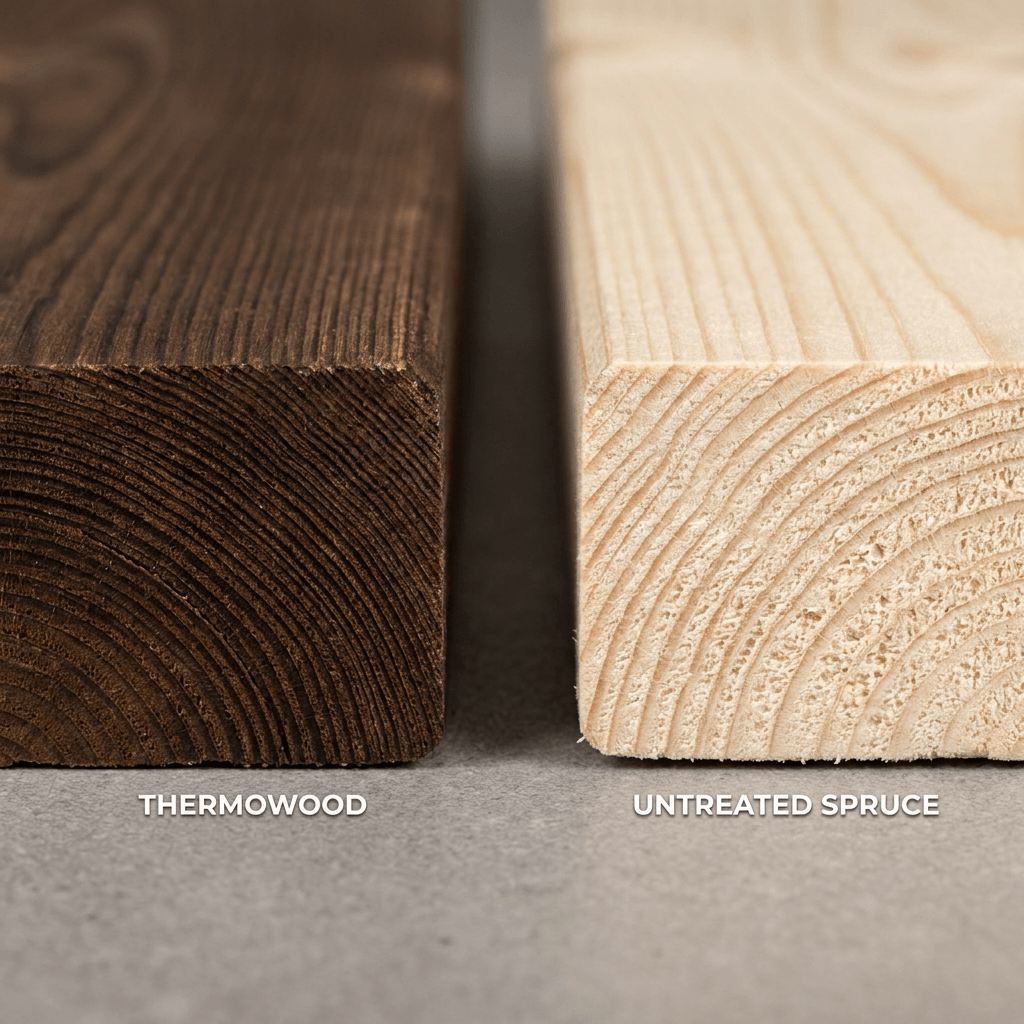 Porovnanie prierezu thermowood a neupravený smrek