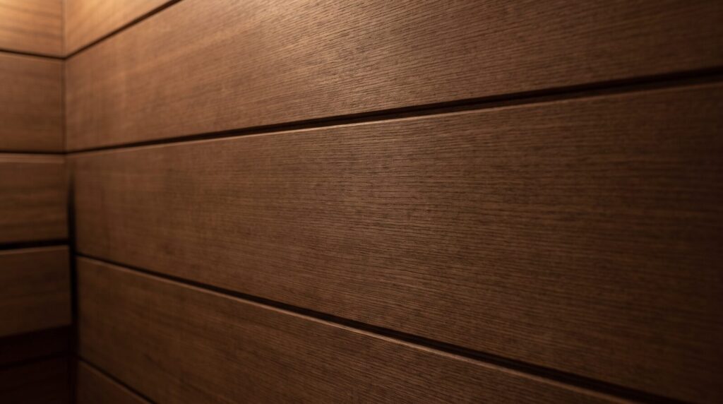 Obkladové dosky z termodreva ThermoWood s tmavým odtieňom na stene sauny